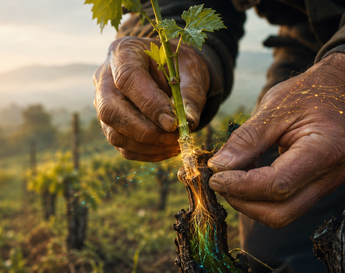 A grower's hands holding a young grafted vine, its roots lit with a network of data