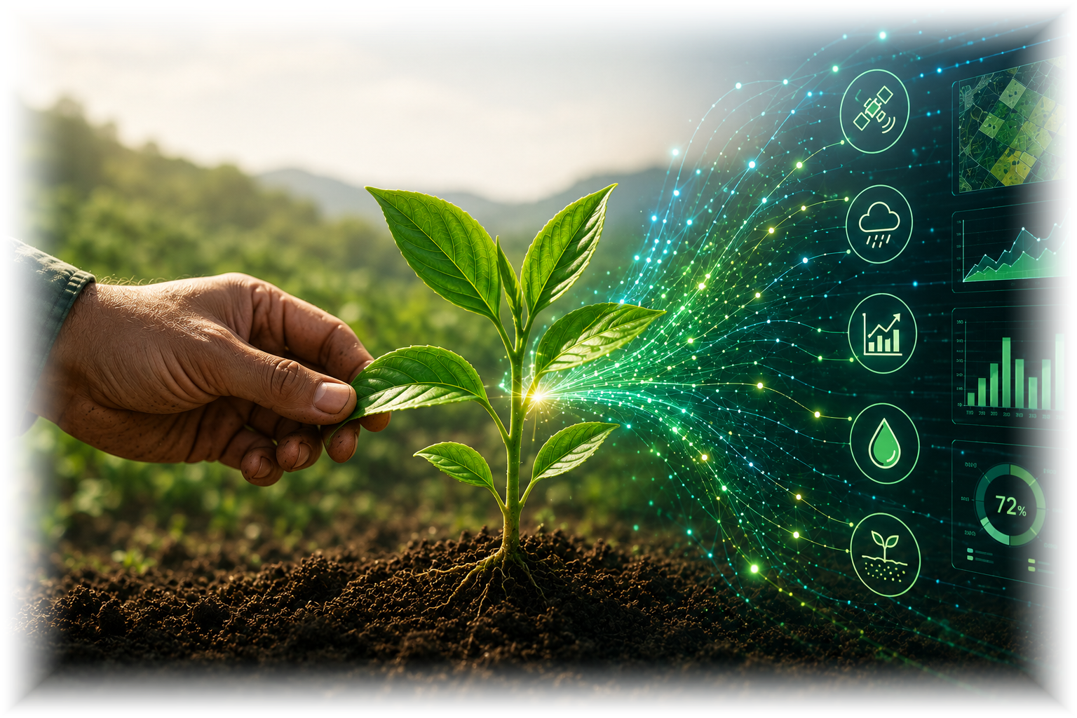 A grower reaching toward a young vine as a data-drawn hand reaches back from a field of satellite, weather and imagery panels